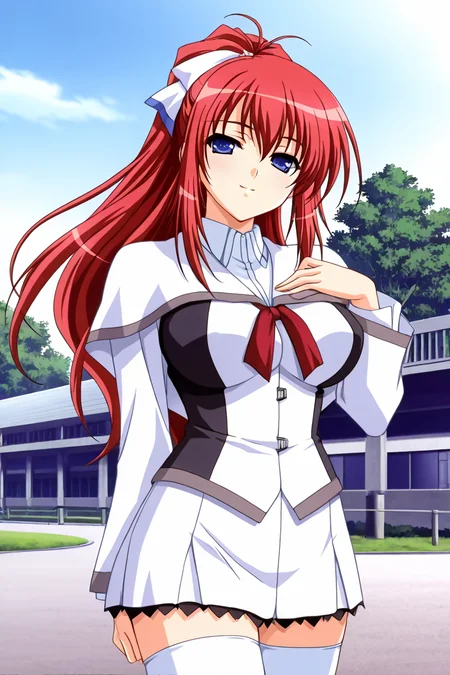 <lora:shiratori_mikoto_iny_ills:1>shiratori mikoto, school uniform, white short capelet, 1girl, solo, long hair, blue eyes, white fitted skirt with black frills, school bulding background, school park, outdoor, thighhighs, side white big hair bow, ponytail, red hair, white thighhighs, zettai ryouiki, one hand on chest,   seductive smile, high resolution,  cowboy shot, looking on viewer, large breast, (white thight sleeves), (red ribbon tie under capelet), slender body, young-adult, full body, brown shoes, <lora:HandFixer_pdxl_Incrs_v1:1>