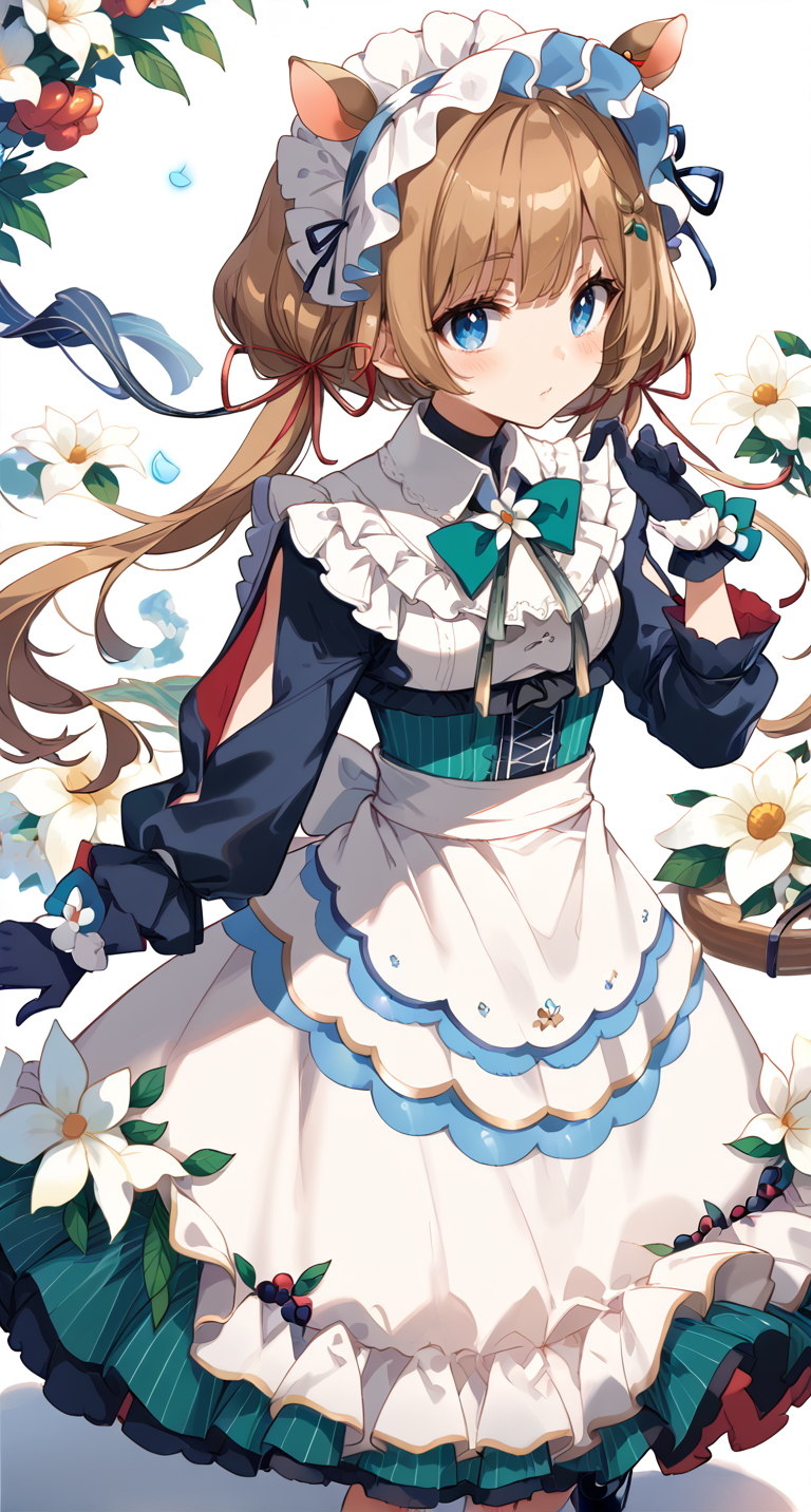 score_9,score_8_up,score_7_up,
official art,official style,game cg,megami magazine,
1girl,
eli conifer,
animal ears,apron,bangs,black footwear,black gloves,blue bow,blue eyes,
blush,bow,brown hair,deer ears,frills,gloves,hair ornament,hair ribbon,
long hair,long sleeves,low twintails,maid,maid headdress,puffy sleeves,red ribbon,
ribbon,skirt,twintails,waist apron,white apron,white background,white dress,white flower,
standing,
<lora:eli_conifer_pony_v1:1>,