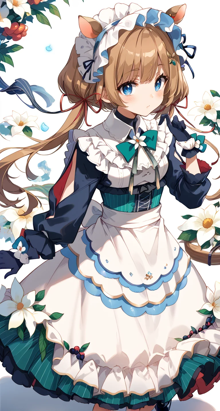score_9,score_8_up,score_7_up,
official art,official style,game cg,megami magazine,
1girl,
eli conifer,
animal ears,apron,bangs,black footwear,black gloves,blue bow,blue eyes,
blush,bow,brown hair,deer ears,frills,gloves,hair ornament,hair ribbon,
long hair,long sleeves,low twintails,maid,maid headdress,puffy sleeves,red ribbon,
ribbon,skirt,twintails,waist apron,white apron,white background,white dress,white flower,
standing,
<lora:eli_conifer_pony_v1:1>,