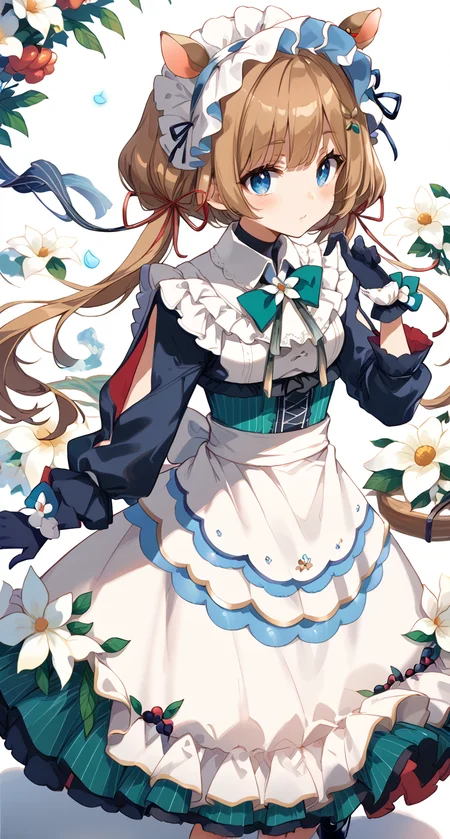 score_9,score_8_up,score_7_up,
official art,official style,game cg,megami magazine,
1girl,
eli conifer,
animal ears,apron,bangs,black footwear,black gloves,blue bow,blue eyes,
blush,bow,brown hair,deer ears,frills,gloves,hair ornament,hair ribbon,
long hair,long sleeves,low twintails,maid,maid headdress,puffy sleeves,red ribbon,
ribbon,skirt,twintails,waist apron,white apron,white background,white dress,white flower,
standing,
<lora:eli_conifer_pony_v1:1>,
