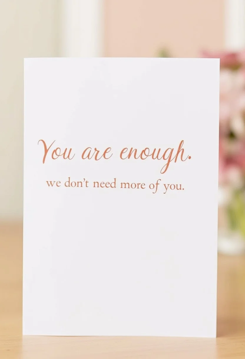 Affirmation card that says "You are enough" in bold text, and "we don't need more of you" written in script font below.