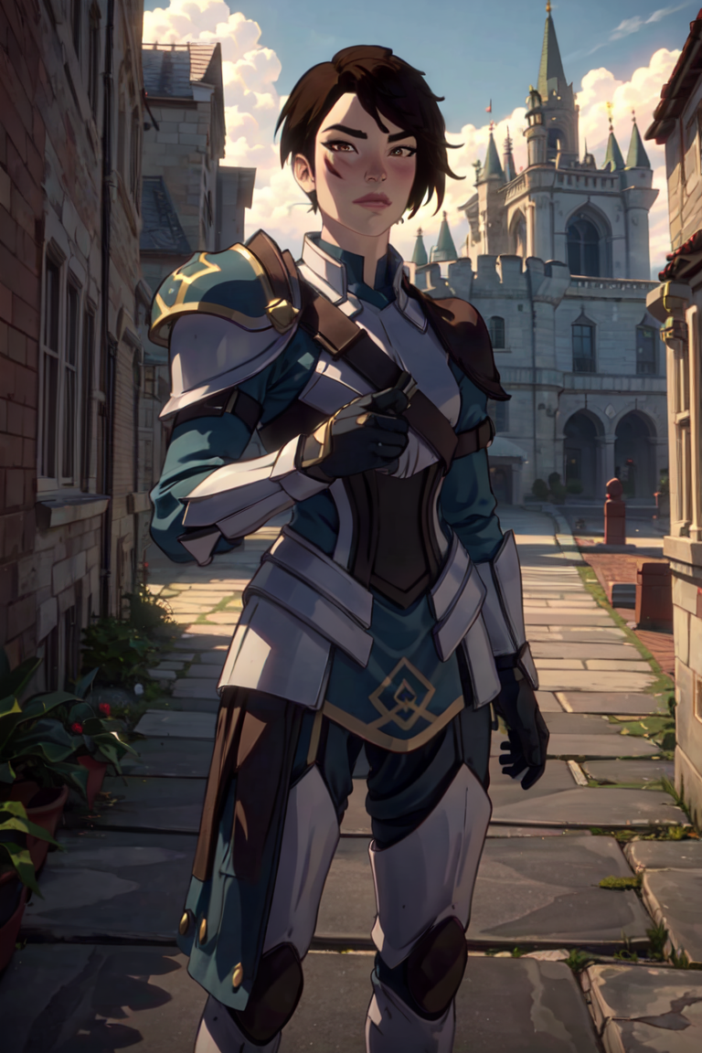 Amaya, brown eyes, castle, castle grounds, courtyard, (realistic:1.2), (masterpiece:1.2), (full-body-shot:1.2),(Cowboy-shot:1.2), dark romantic lighting, (highly detailed:1.2), (detailed face:1.2), (gradients), colorful, detailed eyes, (natural lighting:1.2), solo, <lora:add_detail:0.3> <lora:DragonPrince_Amaya-10:0.7>  <lora:BeautifulEyes:0.3>