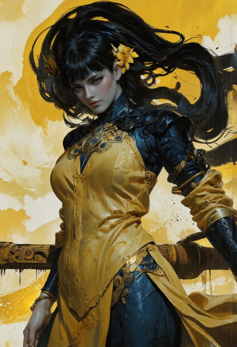 a woman, her skin composed of delicate, smooth texture, long black hair, her eyes gleaming with a warm, golden light, wearing a majestic, windy-blown chinese silk gown, reminiscent of a dark, wuixa world, her face and shoulders illuminated by a soft, ambient glow, as if radiating an otherworldly energy, in the styles of wuxia illust, metallic sheen, atmospheric tension, with meticulous attention to intricate textures, dramatic shading, and a sense of haunting, ethereal beauty.