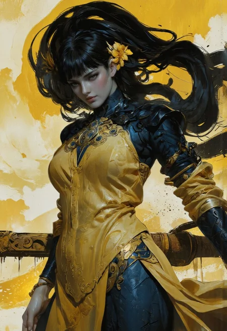 a woman, her skin composed of delicate, smooth texture, long black hair, her eyes gleaming with a warm, golden light, wearing a majestic, windy-blown chinese silk gown, reminiscent of a dark, wuixa world, her face and shoulders illuminated by a soft, ambient glow, as if radiating an otherworldly energy, in the styles of wuxia illust, metallic sheen, atmospheric tension, with meticulous attention to intricate textures, dramatic shading, and a sense of haunting, ethereal beauty.