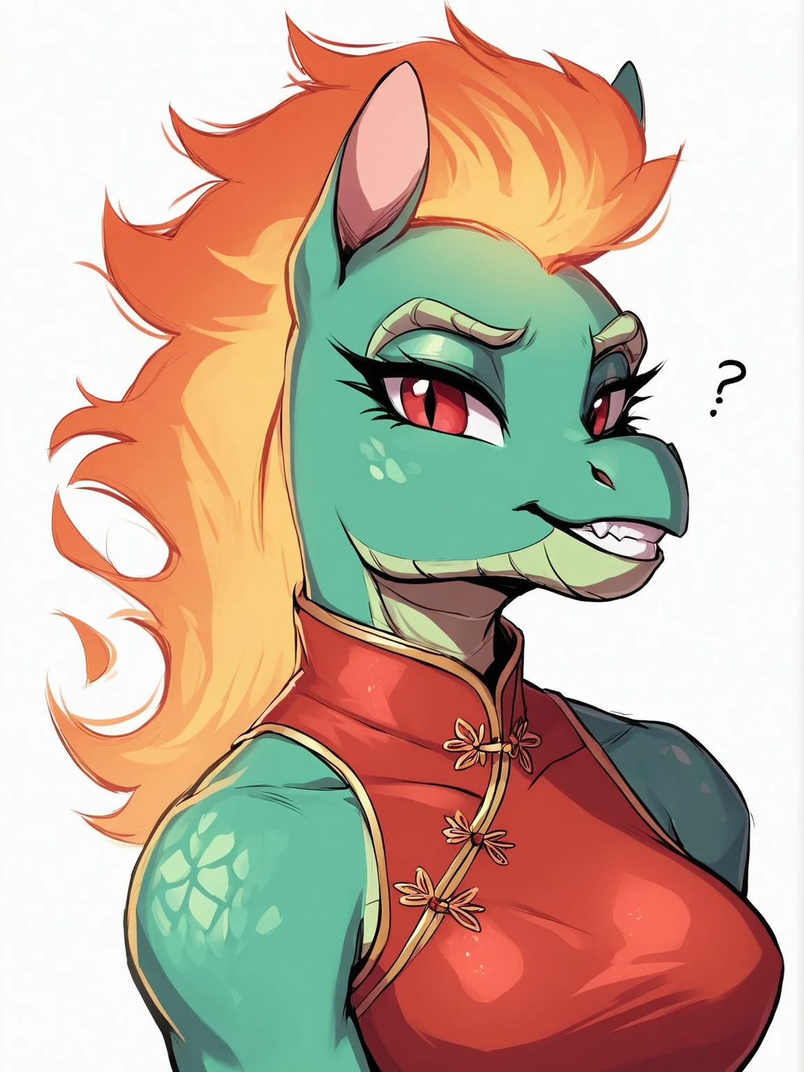 score_9,score_8,score_7,source_furry,
<solo:1.5>,
<1girl:1.5>,
dragon horse,
female,
tits,
dress,
fire hair,
flame hair,
flames,
anthro,
qipao,
green body,
green  scales,
upper body,
face focus,
face zoom,
<white background:1.5>,
<simple background:1.5>,
 <lora:Tianhuo_F_Herds_Pony_SDXL:1> tianhuo_tfh, dumb,
confused,
teeth,
tongue out,
