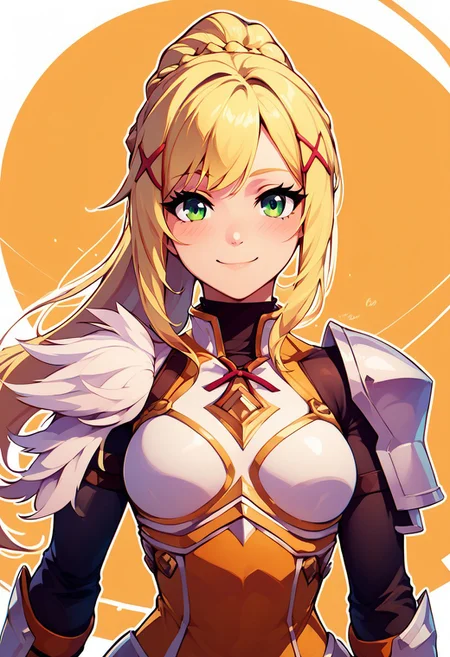 score_9, score_8_up, score_8, medium breasts, (curvy), cute, eyelashes,     
rating safe, 
BREAK,
lalatina dustiness ford, long hair, green eyes, blonde hair, hair ornament, ponytail, braid, x hair ornament, gloves, armor, bodysuit, shoulder armor, armored dress, 
wide hips, blushing, looking at viewer, upper body, big breasts, narrow waist, smile.
BREAK,
smile, looking at viewer, 
abstract fire background, white outline, 
zPDXL, Expressiveh