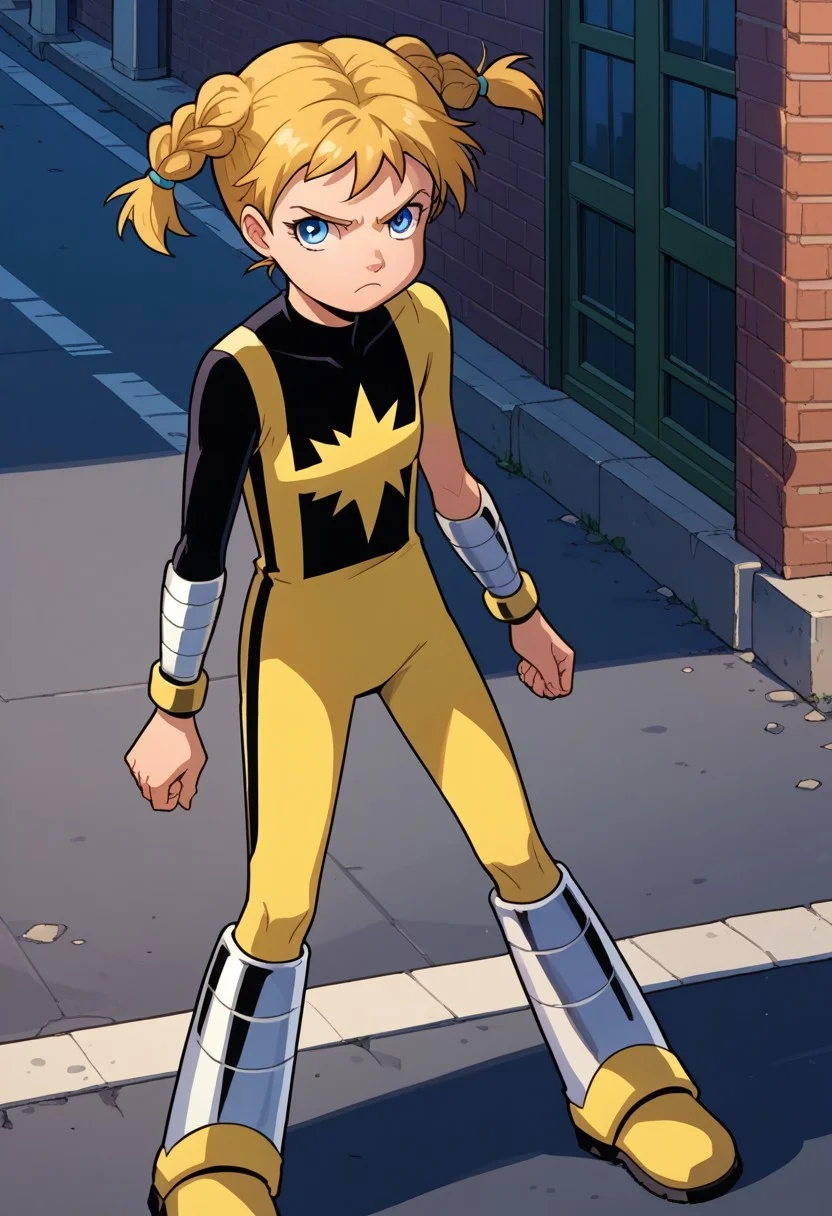 score_8, score_8_up, score_7_up, source_anime, anime screenshot, 1girl, female focus, solo, Katie_PP, blonde hair, twintails,short twintails,twin braids, blue eyes, flat chest, Power Pack uniform, asymmetrical clothes, star (symbol), eng_emb, print bodysuit, yellow bodysuit, black bodysuit, two-tone bodysuit, vambraces, metal vambraces, knee boots, metal boots, serious expression, standing, full body, outdoors, new york city background, street,