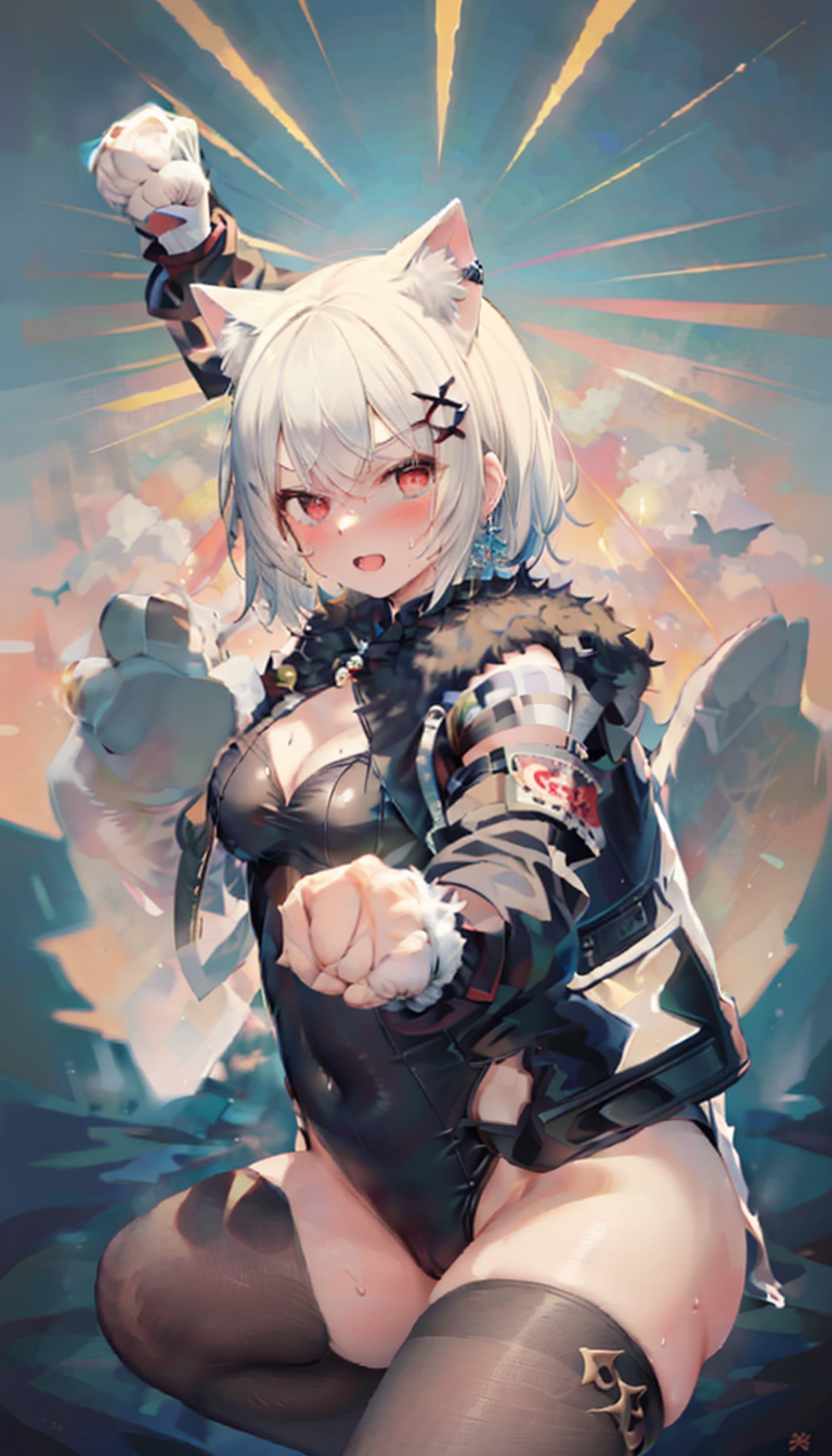 (masterpiece,best quality:1.2)1girl, solo, breasts, animal ears, red eyes, gloves, thighhighs, cat ears, cleavage, covered navel, jewelry, hair ornament, looking at viewer, black thighhighs, fur trim, animal ear fluff, leotard, highleg, earrings, open mouth, white hair, blush,paw gloves, bare shoulders, hairclip, highleg leotard, cleavage cutout, x hair ornament, black leotard, clothing cutout, bangs, covered nipples, white jacket, animal hands, medium breasts, cowboy shot, short hair, sweat, large breasts, red ribbon, ribbon, thighs, black gloves,medium hair, bow, cat girl
<lyco:guizhengchao:0.5>Punch,fist,two punches at the same time,one fist above one below,
 <lora:anyevil-000007 (1):0.7>