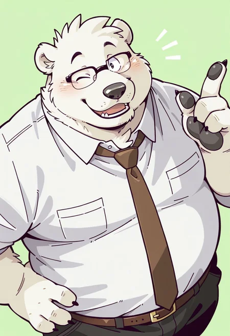 1boy, light green background, abstract background, solo, male, anthro, polar bear, white fur, furry, thick arms, chubby, fat, overweight, belly, black nose, round ears, black eyes, thin black eyebrows, short ears, black claws, black glasses, BREAK white shirt, wink, brown tie, black pants, belt, close-up, upper body, finger up, from above, dynamic angle , looking at viewer, face focus, hand on hip, happy expression