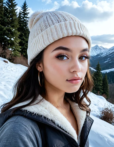 score_9_up, score_9, score_8_up, score_8, score_7_up, Melissa, (Upper body photo:1.2). 1Female. Wearing sexy style snow gear. Beanie. Detailed eyes framed by long, perfect eyelashes. Elegant eyeliner. Light make-up. Detailed face. Soft features. Standing on the top of a snowy mountain. Vast open view in the background, mountains, hills, trees, snow, clouds. Photorealistic, Natural atmospheric lighting, intricate details, 35mm photograph, film, professional, 4k visuals, highly detailed, elegant, studio quality. <lora:Melissa_Not_a_Real_Person:1>