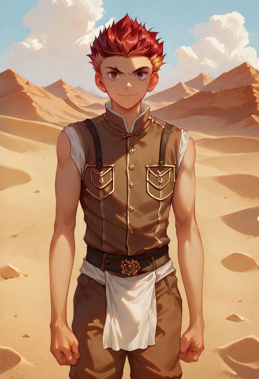 score_9, score_8_up, score_8_up, 1boy, handsome twink, masterpiece, gold and crimson hair, crimson eyes, medieval clothing, medieval pants, medieval shirt, detailed cloth clothing, detailed background, flat desert background, sandy desert, standing up, taiga, neutral expression, light smile, light tan