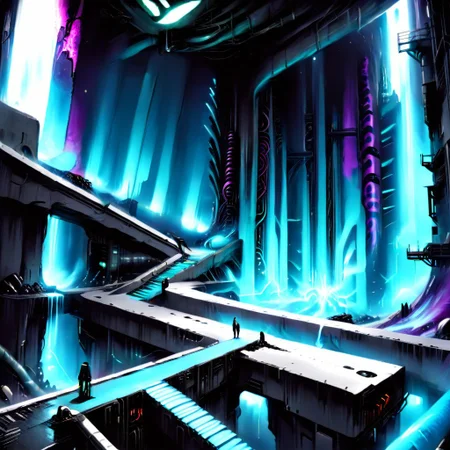 sprawling cosmic colorscapes dystopian brutalist architecture of massive scale depicting the bleek existence of future humans, blomm xl!, manga, manga style, industrial pipe, science fiction, cyberpunk, silent comic, high quality, high resolution psychedelic alien worlds