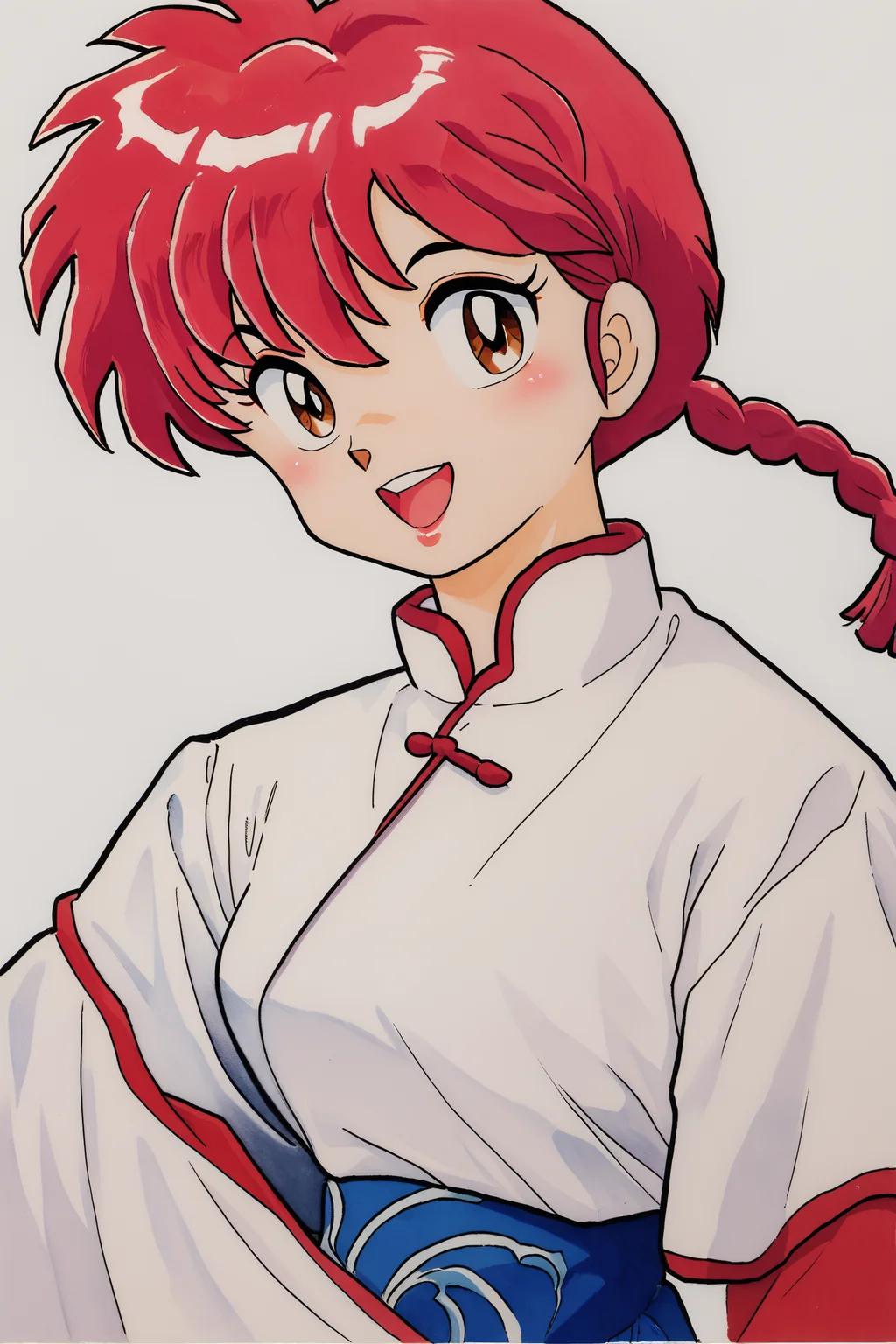 score_9,score_8_up,score_7_up,masterpiece,best quality,
Takahashi Rumiko Style,
1girl,ranma-chan,solo,braid,red hair,braided ponytail,tangzhuang,chinese clothes,single braid,open mouth,brown eyes,retro artstyle,white background,smile,looking at viewer,upper body,simple background,1990s (style),long hair,traditional media,
<lora:mix_XL_PONY:0.9>,