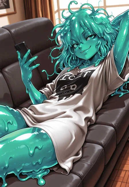 masterpiece, best quality, 1girl, solo, sotvoa, slime girl, green skin, indoors, couch, messy hair, holding phone, smirk, hand behind head, on back, side view, oversized t-shirt