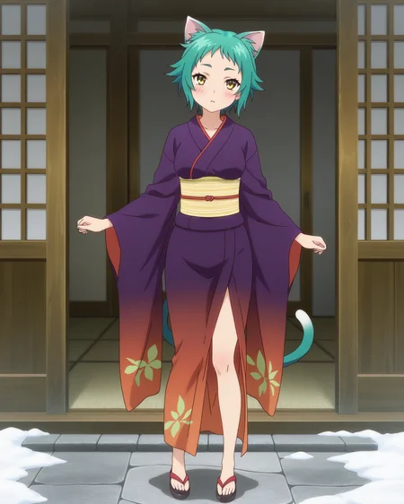 (kimono:1.50),
ys-yaya, green hair, short hair, yellow eyes,
1girl, (solo:1.60), skinny,
(masterpiece, best quality, amazing quality, absurdres, high quality, highres, masterpiece),
blush,
full body
,
(:1.20),
BREAK,
winter,
,
(anime coloring),
medium breasts,
cat ears, cat tail
<lora:ys-yaya-V01-illXL:0.80>