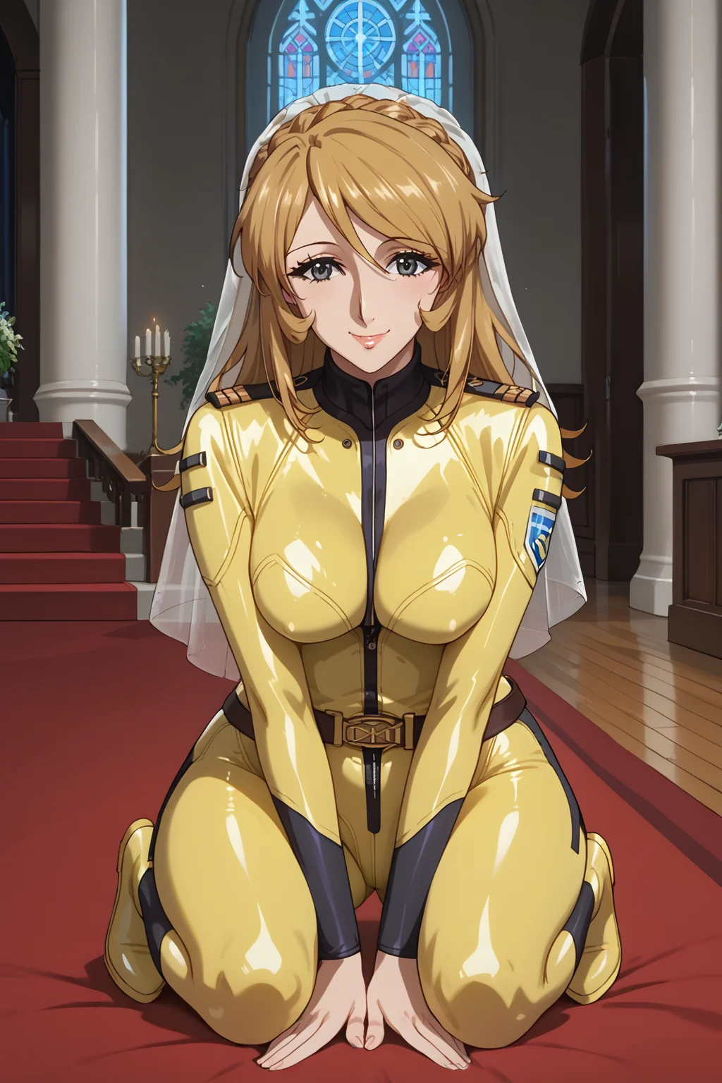 score_9, score_8_up, score_7_up, score_6_up, score_5_up, score_4_up, source_anime, BREAK, (extremely detailed CG, best quality:1.1), high quality, masterpiece, mature female, nfsw, uncensored, milf, 1girl, solo, long hair, breasts, smile, blue eyes, blonde hair, bown hair, brown eyes, medium breasts, belt, uniform, grey eyes, military, bodysuit, skin tight, yellow bodysuit, epaulettes, boots, Yuki Mori, mature female, bridal veil, crown braid, praying, habit, cathedral, red carpet, romantic, full body, <lora:Yuki_Mori:1> <lora:cfg_scale_boost:0.3> <lora:Expressive_H:1>