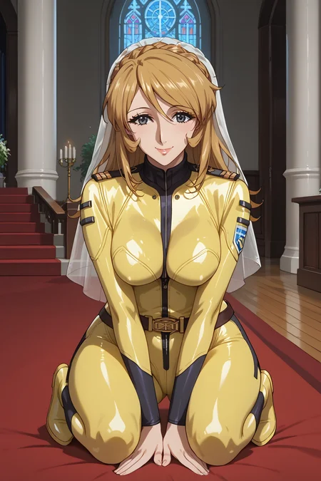 score_9, score_8_up, score_7_up, score_6_up, score_5_up, score_4_up, source_anime, BREAK, (extremely detailed CG, best quality:1.1), high quality, masterpiece, mature female, nfsw, uncensored, milf, 1girl, solo, long hair, breasts, smile, blue eyes, blonde hair, bown hair, brown eyes, medium breasts, belt, uniform, grey eyes, military, bodysuit, skin tight, yellow bodysuit, epaulettes, boots, Yuki Mori, mature female, bridal veil, crown braid, praying, habit, cathedral, red carpet, romantic, full body, <lora:Yuki_Mori:1> <lora:cfg_scale_boost:0.3> <lora:Expressive_H:1>