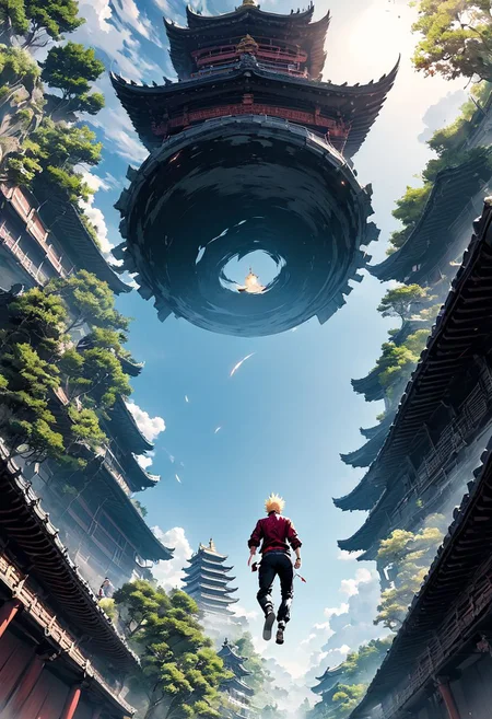 sky, pagoda, temple, torn pants, walking on air, forehead mark, blur, plant, Jujutsu Kaisen Geto Suguru