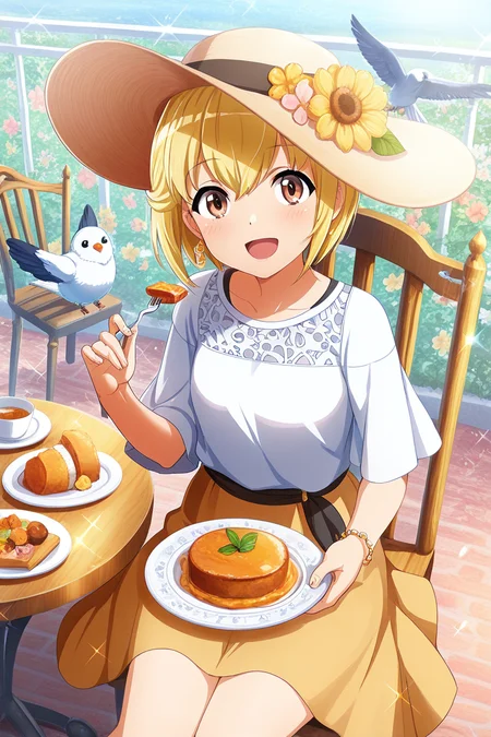 masterpiece, best quality, amazing quality,
<lora:Otori_IL:1> michiru, 1girl, blonde hair, hat, bird, solo, short hair, brown eyes, smile, shirt, sitting, food, plate, white shirt, open mouth, jewelry, flower, fork, looking at viewer, sparkle, bracelet, sun hat, skirt, chair, holding, table