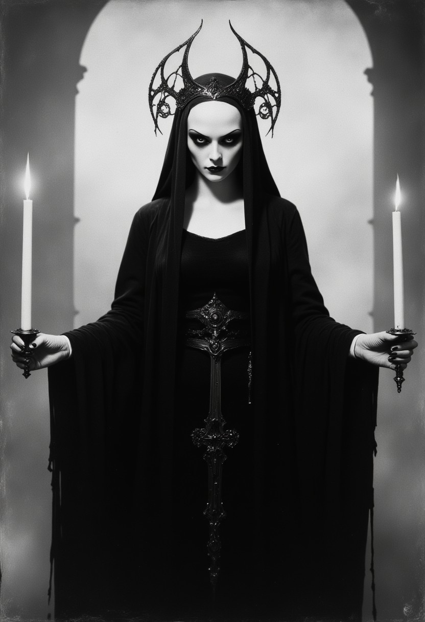 Black and white portrait, nun, ecclesiast, mystique, mythp0rt, ArsMovieStill, 20s Silent Movie Still