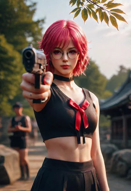 Nhywell3, glasses, (crop top:1.5), dramatic lighting, maehwa trees, light trays, (sun beams), (falling red petals:2.0), high quality face, shorts, beautiful, cute face, ((pink hair)), realistic face, realistic, 4k, photography, realistic, raw photo, photorealism, feudal japan, (holding a pistol), beautiful girl, martial arts, blue eyes, exploding petals, ((blooming)), ((blossom)), (midriff), ((fighting)), action, ((maehwa)), sunset, (cleavage:1.5), (big tits:1.5), golden hour, pointing pistol