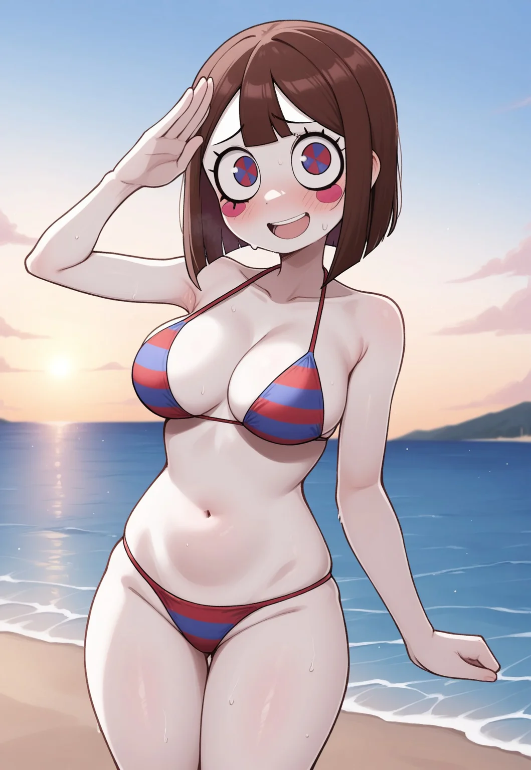 safe_pos, masterpiece, best quality, high resolution, absurdres, solo, 1girl, pomni_(the_amazing_digital_circus), two-tone_eyes, brown_hair, short_hair, white_skin, blush_sticker, bikini, large_breasts, looking_at_viewer, salute, happy, outdoors, beach, water, sky,