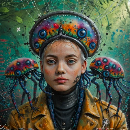 score_9,score_8_up,score_7_up,al_pt, acrylic paint (medium),surreal,colorful, wild, abstract,portrait, animal focus, no human,TheWeirdies, by Emmanuel de Critz and (Alfred Stevens:1.1) , painting, High exposure of a Aggressive muscular Palauan (baby Millipede:1.3) Jazz Musician, being looked at by a couple of Mystical animals, classicism, historical, detailed, narrative, it is wearing a Trench coat, The Grunge clothing is Dreamlike and has Circles adornments on it, Supernatural Chilean dark rainbow Scouter, at Golden hour, in focus, Lustful, Weirdcore, loop lighting