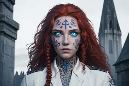bright red hair, human female, (feminine:1.7), (beautiful face, detailed face:1.6), (beautiful eyes, detailed eyes:1.7), (looking at viewer, eye contact, intense:1.6), (long hair, red hair, curly hair:1.3), , ((masterpiece, best quality, high resolution, realistic, best quality,)), photo realistic, Perfect Face, (detailed face). <lora:GoodHands-vanilla:0.6> <lora:add-detail-xl:0.8>, mage, (Dress White military uniform coat), dagger, rune dagger, glowing runes, , (((glowing magic symbols tattoos, religious tattoos))), ((face tattoos)), glowing tattoos, stone tower in the background