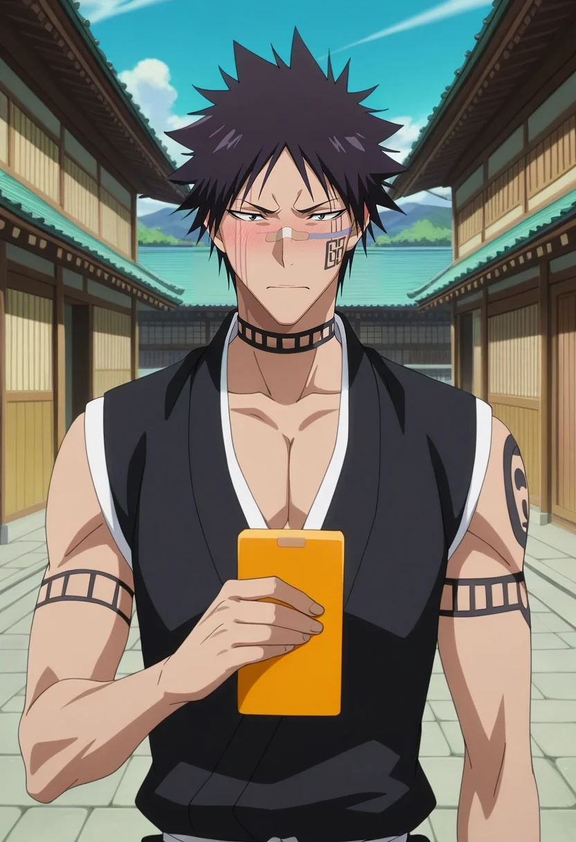 masterpiece, best quality, intricate details, anime screencap, anime coloring, official style, , 1boy, solo, male focus, <lora:shuuhei_hisagi_ilxl:0.98>, shuuhei_hisagi, black hair, black eyes, short hair, spiked hair, tattoo, facial mark, bandaid on nose, scar on face, , choker, straight-on, town, japanese architecture, day, sunny, holding object, embarrassed, nose blush,