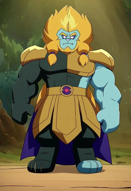 Azure lion ,solo,Lion furry,neutral expression,looking at the viewer,long hair,blue skin,muscular,braid,blonde hair,standing,front view,full figure,full body,full body shot,forest background with a clear sky.MASTERPIECE, PERFECT, EXCELLENT, GREAT MASTERPIECE score up9, precise and clear,