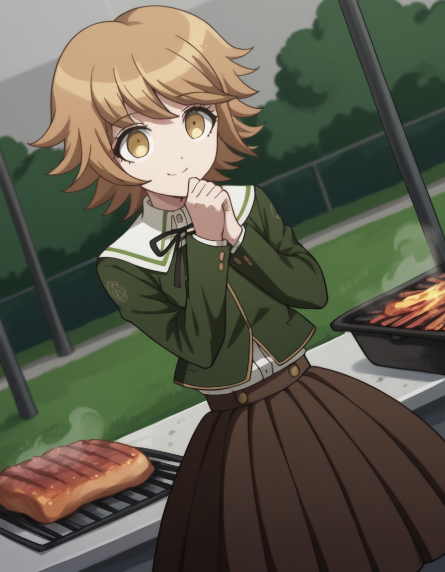 score_9, score_8_up, score_7_up, source_anime, <lora:chihiro-fujisaki-s1-ponyxl-lora-nochekaiser:1>, chihiro fujisaki, short hair, bangs, brown hair, brown eyes, male focus, otoko no ko,, skirt, shirt, long sleeves, ribbon, school uniform, jacket, pleated skirt, black ribbon, neck ribbon, brown skirt, green jacket,, backyard, barbecue, grilling, laughter, summer evening, smile, , hand resting on chin, solo,, cowboy shot, dutch angle