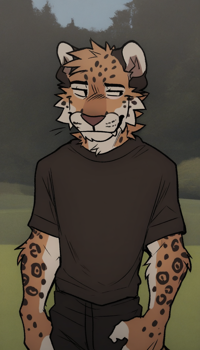 <lora:Maggotnizer_Art_Style_NAI-XL:1> Maggotnizer, solo, male, anthro, furry, 2d artwork, flat colors, jaguar, athletic clothes, calm pose, (((outdoors background))), best quality, masterpiece