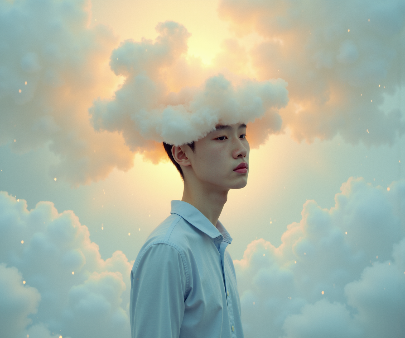 A surreal scene unfolds featuring a young adult with a serene expression, embodying an ethereal quality as they stand amidst a dreamlike landscape. Their skin is a smooth, warm beige, glowing softly against the backdrop of billowing clouds that obscure the upper half of their face, transforming their head into a whimsical amalgamation of vapor and mist. The person's slim profile is accentuated by a light, pale blue shirt, the fabric gently catching the ambient light that filters through the cloud-like formations surrounding them. Wisps of cloud swirl around, appearing almost alive as they wrap around the figure, creating a striking silhouette. The background is painted with a gradient of dreamy pastels—soft oranges and blues blending seamlessly, creating an atmosphere of tranquility and wonder. Tiny specks of light, reminiscent of distant stars, twinkle amid the clouds, adding to the enchantment of the scene. The image employs a blend of digital painting and photorealistic techniques, highlighting intricate texture within the clouds while maintaining a soft focus on the character, enhancing the otherworldly feel. The overall composition invites the viewer into a whimsical realm, where the boundaries between human and nature blur, evoking feelings of contemplation and imagination.