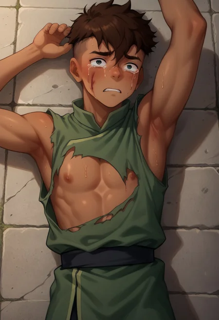 score_9, score_8_up, score_7_up, source_anime, male, crying, arm up, (arm above eyes:1.5), afraid, scared, laying on floor, laying on back on floor, battle damage, bloody body, bruised body , looking away from viewer,  (Kai, Brown Hair, Undercut, Brown Skin),(Prison Tunic, (torn clothes:1.5, skimpy clothes), nipples, sleeveless), detailed face, petite body, park background, trees, blue sky,