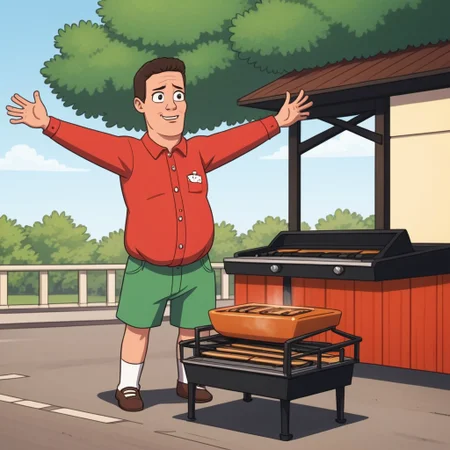 hank hill standing at a barbecue grill, outdoors on a sunny day, ((a giant propane molecule floats in the air)),