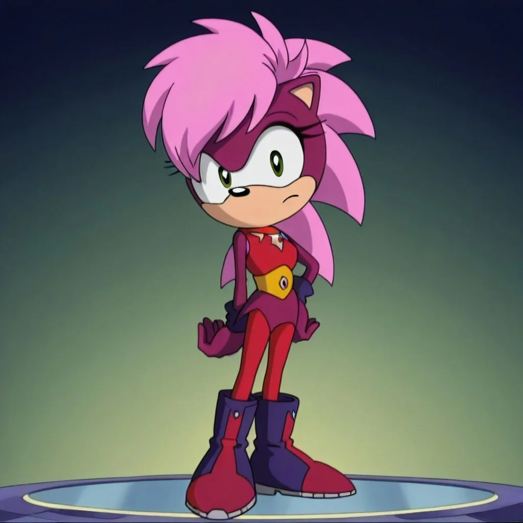 1girl, solo, Sonia_the_hedgehog, pink hair, purple skin, red outfit with high collar, purple long sleeves, lightning bolt necklace, yellow belt with central gem, red leggings with purple accents, dark purple boots, standing, looking at viewer, SonicX