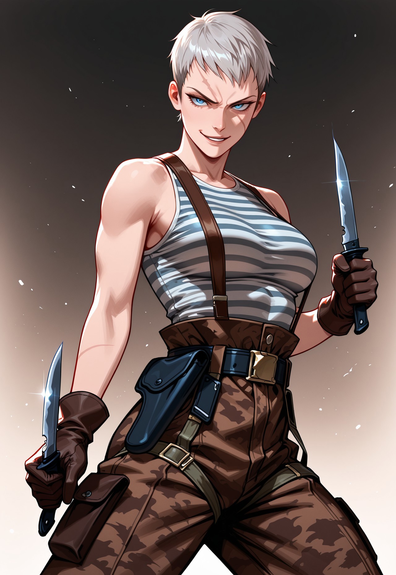masterpiece, best quality, detailed, realistic, cowboy shot,  smirk, 1girl, solo, olgamgs, very short hair, grey hair, diagonal scar on face, blue eyes, breasts, striped tank top, high-waist pants, brown camouflage pants, suspenders, gloves, belt, holster, holding knife, fighting stance,