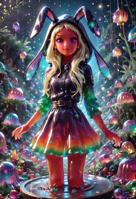 best quality, masterpiece, ultra-detailed,1 girl. jelly style, jelly girl, yomozuki runa, jelly face, jelly hands, jelly clothes, jelly hair, blonde hair, hood on, hood with long black rabbit ears, jelly skin, purple eyes, long hair, uniform, kigurumi, lighting from behind so jelly gilr semi-transparent, 
BREAK anthropomorphic , shaking jelly legs, in heat, o-face, Sexy pose, dynamic viewing angle, cowboy shot, playful lighting,
<lora:bad_prompt_version2-neg:1> <lora:By bad artist -neg:1> <lora:Jelly_Style:1>