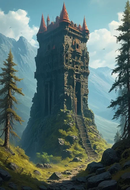 <lora:TheWeirdies_epoch_10:0.78>
score_9, score_8_up, score_7_up, score_6_up
Durlag's Tower was a large tower that was said to be haunted by a powerful entity, as well as one that housed immeasurable treasure. The fortress was located south of the Wood of Sharp Teeth, a couple of miles from the small settlement of Gullykin. The tower was built entirely of volcanic stone and was in fair condition given the amount of time and neglect involved. It laid atop a volcanic plug that dominated the surrounding lands. Durlag Trollkiller, aided by hired dwarves, was said to have hollowed out the mountain for the rock that made up his tower and used the space created to hide further treasure. This local landmark was the isolated keep of Durlag Trollkiller, son of Bolhur the Clanless, a dwarven hero said to have amassed a large quantity of treasure and stored it here and in a few other locations. This treasure was protected by all manner of magical wards and mechanical traps, the latter of Durlag's own devising. Many adventurers sought his treasure over the decades, with varying degrees of success. Around 1372 DR, rumors said a fiend had taken up residence within the remains of the tower and used the defenses created by Durlag to keep both itself and the treasure safe. Some claimed that this creature was a lich.
no humans
((Durlag's Tower, large tower, haunted, fortress, dark woods surround, built of volcanic stone, mountain, dark))
<lora:add-detail-xl:1>