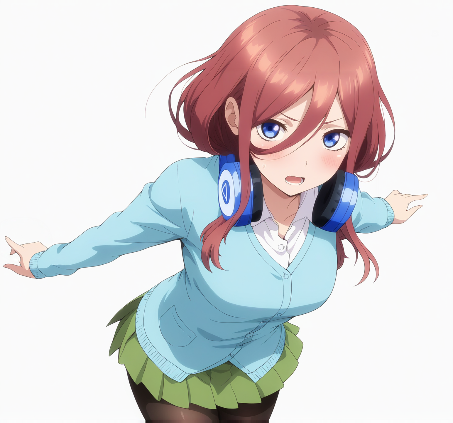masterpiece, high quality, high res, absurd res, ultra high quality,
<lora:Miku_Nakano_Illustrious_v57:1>, M1kuNakan0_Illu, 1girl, (solo:1.3), brown-red_hair, hair_over_eye, long_hair, bangs, dark-blue_eyes, headphones, (triangle_logo:1.1), light_blue_shirt, blushing, green_miniskirt, tights,  medium_breasts, cowboy shot, standing, looking at viewer, white background, simple background
