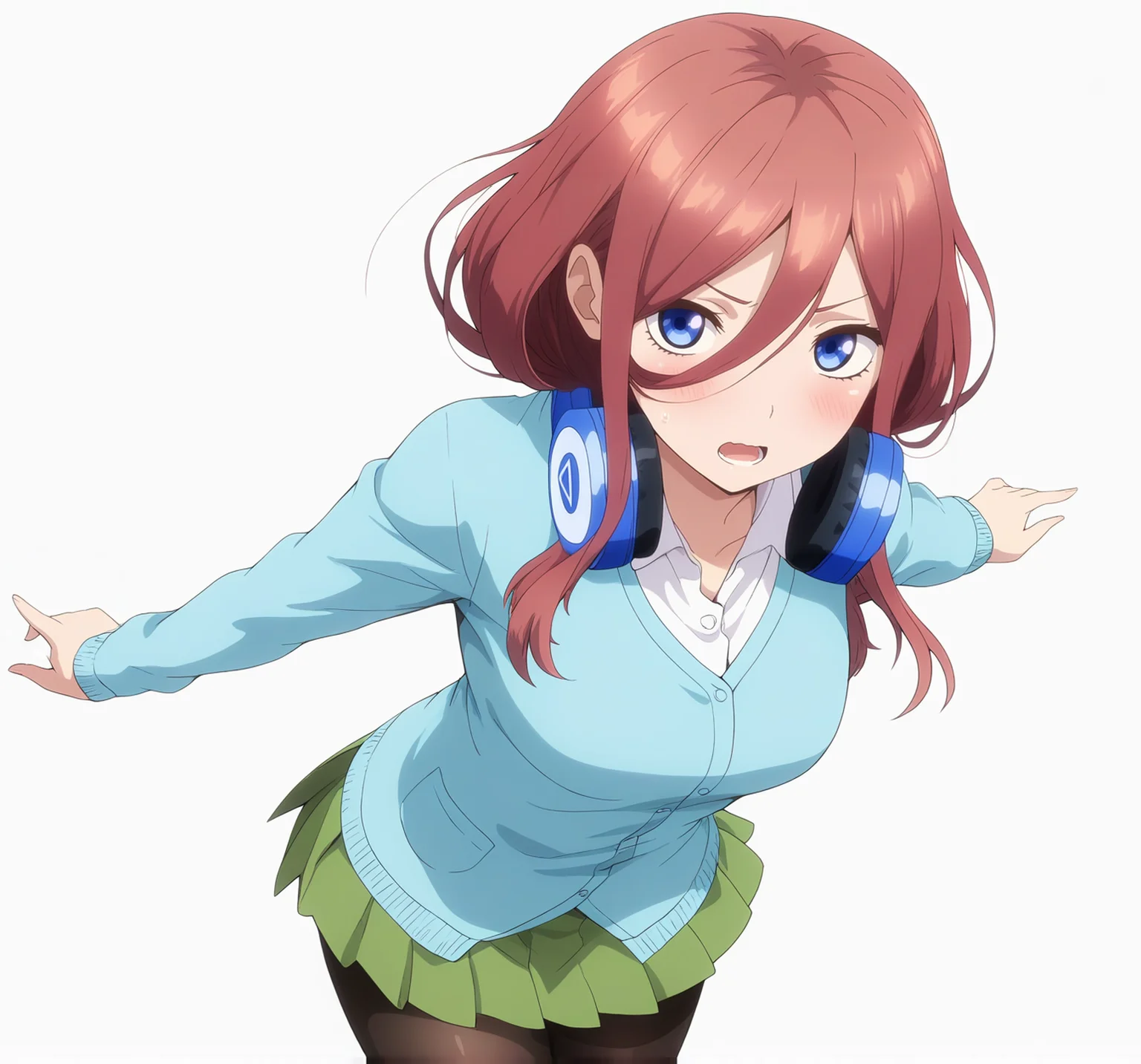 masterpiece, high quality, high res, absurd res, ultra high quality,
<lora:Miku_Nakano_Illustrious_v57:1>, M1kuNakan0_Illu, 1girl, (solo:1.3), brown-red_hair, hair_over_eye, long_hair, bangs, dark-blue_eyes, headphones, (triangle_logo:1.1), light_blue_shirt, blushing, green_miniskirt, tights, medium_breasts, cowboy shot, standing, looking at viewer, white background, simple background
