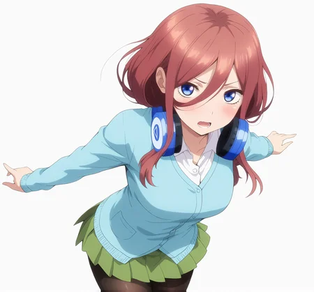 masterpiece, high quality, high res, absurd res, ultra high quality,
<lora:Miku_Nakano_Illustrious_v57:1>, M1kuNakan0_Illu, 1girl, (solo:1.3), brown-red_hair, hair_over_eye, long_hair, bangs, dark-blue_eyes, headphones, (triangle_logo:1.1), light_blue_shirt, blushing, green_miniskirt, tights, medium_breasts, cowboy shot, standing, looking at viewer, white background, simple background