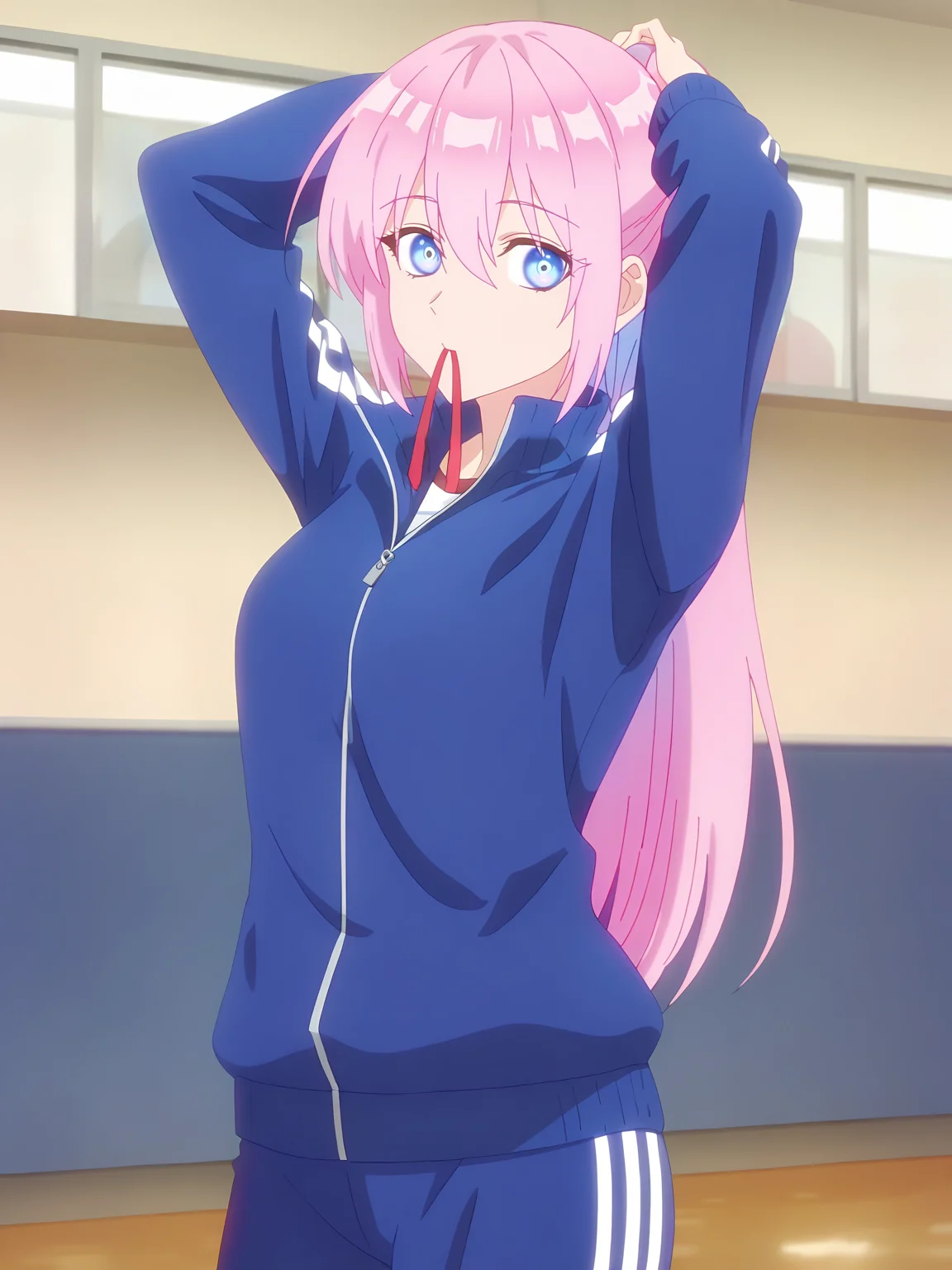 <lora:Shikimori_Character:1>relaxed expression, calm eyes, parted eyes, shikimori, 1girl, solo, pink hair, blue eyes, ponytail, blue tracksuit, white stripes, long hair, hair between eyes, bangs, looking at viewer, tying_hair, arms_raised, hair_elastic_in_mouth, standing, looking_at_viewer