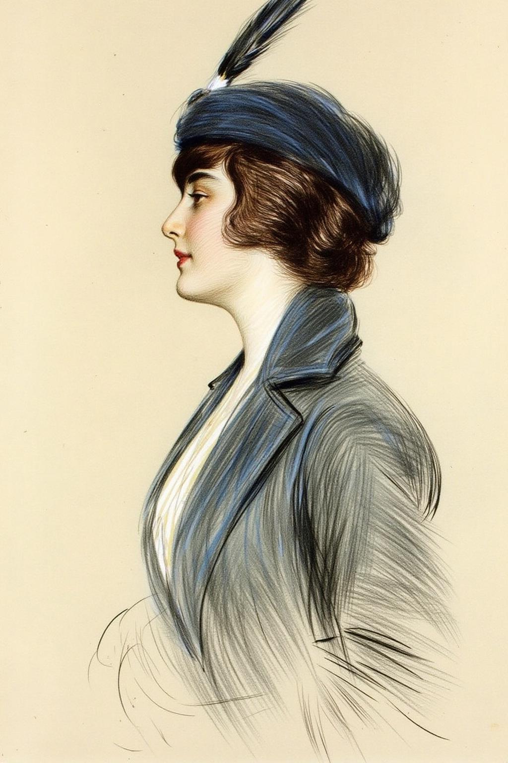 paulcesarhelleu1 illustration. 
A woman in side profile, wearing a dark blue hat with a feather and a matching
blue coat over a white blouse. She has shoulder length dark brown wavy hair.
 <lora:paulcesarhelleu1_cap_d6a3e11:1.0><lora:844385051643744981:0>