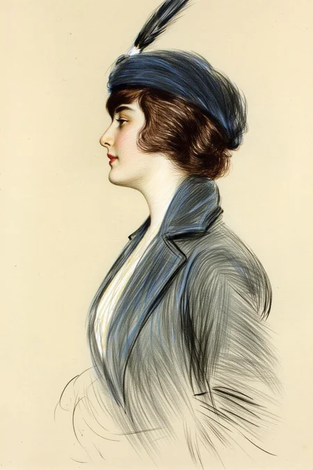 paulcesarhelleu1 illustration.
A woman in side profile, wearing a dark blue hat with a feather and a matching
blue coat over a white blouse. She has shoulder length dark brown wavy hair.
<lora:paulcesarhelleu1_cap_d6a3e11:1.0><lora:844385051643744981:0>