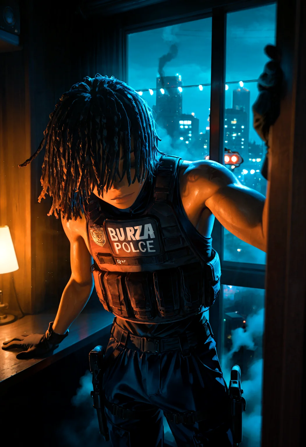 HDR, 8K, high contrast, masterpiece, best quality, amazing quality, very aesthetic, superabsurd res, high resolution, ultra-detailed, absurdres, newest, scenery, (horikoshi kouhei:0.3), (quasarcake:0.3), (wlop:0.3), light rays, chiaroscuro, dynamic angle, male focus, 1boy, dark skin, dreadlocks, medium hair, kms_hangtime, hair over eyes, dreads covering eyes, elbows on table, upper body, BREAK (bulletproof vest, combat pants), holster on the thigh, black gloves, (in the room, indoors, futuristic city in the window), red and blue police lights, glowing, fog, smoke, Intricately designed, Mysterious Shadows, BREAK, photorealistic, detailed skin, detailed hair, volumetric lighting, dappled light, light particles, dramatic shadows, cinematic lighting, photo background, depth of field, <lora:ponyxl\cfg_scale_boost:0.8> <lora:IL\KMS_Hangtime_IL-000005:1>