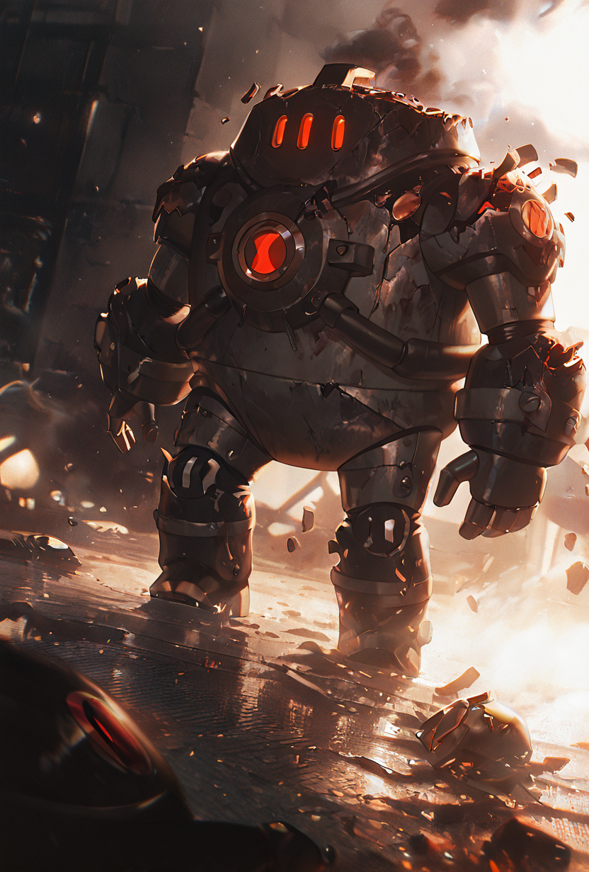 <lora:nrg-06:1> nrg, robot, on the floor, smoke, armor, red eyes, 3 eyes, broken armor, 
 <lora:WSSKX_WAI:1>, masterpiece, best quality, amazing quality, very aesthetic, absurdres, newest,