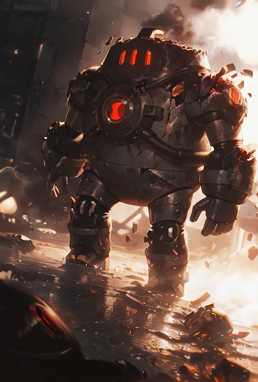 <lora:nrg-06:1> nrg, robot, on the floor, smoke, armor, red eyes, 3 eyes, broken armor, 
 <lora:WSSKX_WAI:1>, masterpiece, best quality, amazing quality, very aesthetic, absurdres, newest,