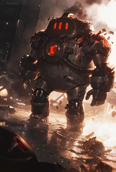 <lora:nrg-06:1> nrg, robot, on the floor, smoke, armor, red eyes, 3 eyes, broken armor, 
 <lora:WSSKX_WAI:1>, masterpiece, best quality, amazing quality, very aesthetic, absurdres, newest,