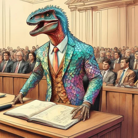 Judgment, standing in the dock, handdrawn sketch of court proceedings on buff coarse paper, colored ink with soft pencil, senior politician:velociraptor:defendant made out of iridescent scales, dinosaur, speaking, being watched by crowd of judges, court of law, high-resolution,
p1nk1r1sc4l3s